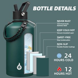 BJPKPK 2/3 Gallon Water Bottle with Straw Lid, 50oz, 64oz, 87oz, 128oz Large, Stainless Steel Water Bottles with 3 Lids and Paracord Handle, Double Wall Vacuum Metal Water Jug, Army Green