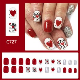 24Pcs Valentines Heart Press on Nails Short Square Red Valentines Day Fake Nails with Designs Glossy False Nails Glitter Artificial Nails Valentine's Acrylic Glue on Nails for Women Girls Manicure