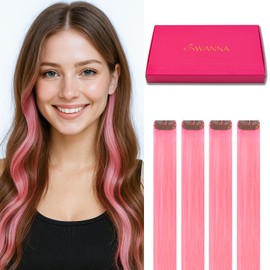 SWANNA 20 Inch Clip-In Human Hair Extensions – Peach Pink Highlights for Earloop Color, 100% Real Hair, 4PCS, Mix & Match for DIY Styles