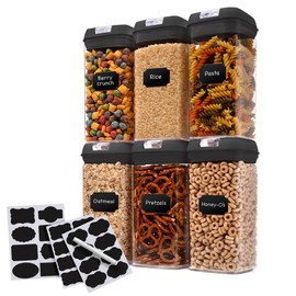 Cheer Collection Airtight Food Storage Containers for Kitchen Organization - Set of 6 Identical 42oz Pantry Organizer Storage Bins with Lids - BPA Free with Markers and 24 Reusable Labels – Black