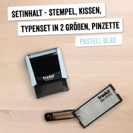 Trodat Trodat Printy 4912 Stempelset in Pastell Blau zum Selbersetzen - 4 Textzeilen, Abdruck 47x18 mm, Deutsch, inkl. Pinzette, Stempelkissen schwarz & Buchstaben- und Zahlenset in zwei Größen