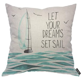 AOYEGO Sea Sailboat Motivational Quote Throw Pillow Cover Let Your Dreams Set Sail Boat Wave Ocean Sea Ship Trip Pillow Case 18x18 Inch Decorative Men Women Room Cushion Cover for Home Couch