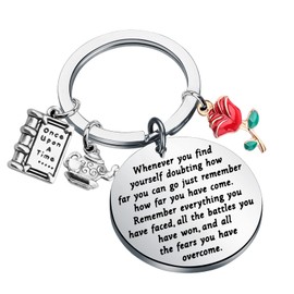 KUIYAI Movie Inspired Gift Belle Rose Charm Keyring Fairy Tale Jewellery Motivational Gift, Stainless Steel