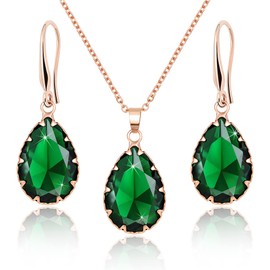 Linawe Emerald Green Crystal Rose Gold Jewellery Sets for Women, Pendant Matching Necklace Set, Imitation Diamond Drop Dangle Teardrop Earrings Set, Rhinestone Jewellery Wedding Bridal Bridesmaid
