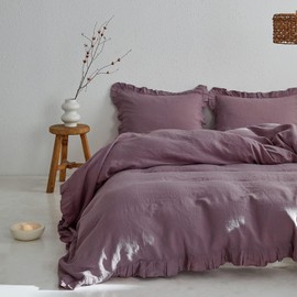 Simple&Opulence 100% Linen Duvet Cover Set, 3 PCS Natural French Flax Purple Ruffle Duvet Cover King Size, Breathable Comfy Linen Bedding Comforter Cover with 2 Pillowcases (Purple, 104" X 92")