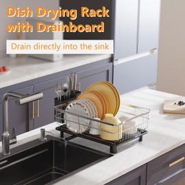 AIDERLY Stainless Steel Dish Drying Rack with Drainboard Dish Drainers for Kitchen Counter Extendable Spout Strainers with Utensil Holder and Knife Slots, Grey