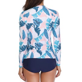 Daci Women Pink Blue 2 Piece Rash Guard Long Sleeve Zipper Bathing Suit with Bottom Built in Bra Swimsuit UPF 50 M