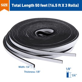 MAGZO Weather Stripping Door Seal, 1/4 Inch Wide X 1/8 Inch Thick Adhesive Foam Tape Soundproof Weatherstripping for Windows, 3 Rolls Total 50FT Black