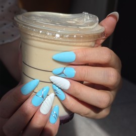 Handmade Mermaid Press On Nails Medium Almond-Gel Acrylic 10pcs-Blue White Solid Block with Hand Drawn Silver Lines 3D Shell Raindrop (Mermaid Tears, Size M)