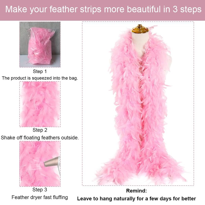 QIBZI Boas Decorative Feather Strips, Rose Red Turkey Feather Strips,