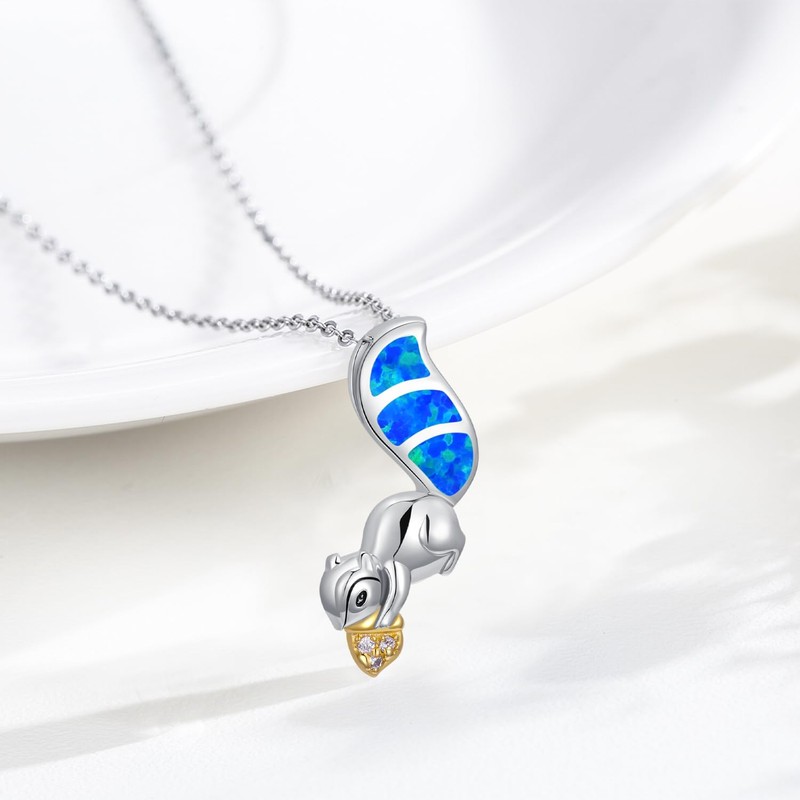 Midir&Etain Squirrel Necklace 925 Sterling Silver Blue Opal Acorn Pendant