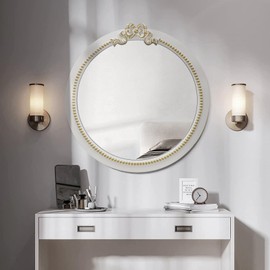 Vintage Round Wall Mirror 20inch Farmhouse Wooden Vanity Mirror for Wall Decor, Decorative Antique White Bathroom Mirrors, Traditional Art Home Decor for Dressing Table, Living Room or Bedroom