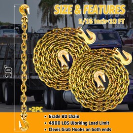 SENKEYFE G80 Binder Chain 5/16 Inch,10 Foot Tow Chain with G70 Clevis Hook, Log Chain Ratcheting Heavy Duty, 4900 lbs Safe Working Load,Secure Truck Equipment for Lifting&Tie-Down (2 Pack)