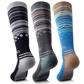 OutdoorMaster Ski Socks 3-Pack Merino Wool, Over The Calf Non-Slip Cuff for Men & Women, Black Blue Grey, M