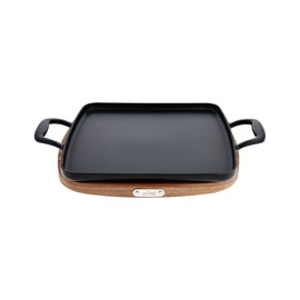 All-Clad Cast Iron Enameled Square Griddle with Acacia Trivet 11 Inch Induction Oven Broiler Safe 650F Pots and Pans, Cookware Black