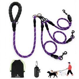 LEOSASA No-Tangle 3-Dog Leash - Main Lead Rope with Heavy-Duty Clip and Padded Handle, Three Detachable Leash Splitters, 4.76ft for Walking, Running, Small, Medium, Large Dogs (Purple)