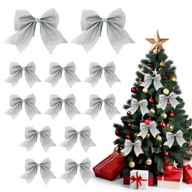 Large Silver Bows for Christmas Tree, 12 Pcs Glitter Christmas Bows for Tree, 22 x 13 cm Large Christmas Bows, Christmas Tree Bows, Silver Wreaths Bows, Silver Christmas Tree Decorations Ornaments