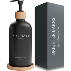 Black Glass Dish Soap Dispenser for Kitchen Sink by Brighter Barns - Matte Black Kitchen Soap Dispenser Set with Tray- Bamboo Soap Dispenser with Pump - Black Kitchen Decor, Modern Home Decor (Black)