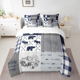 Erosebridal Moose Comforter for Boys, Bear Deer Bed in A Bag Full 7 Pieces Bedding - 1 Rustic Farmhouse Comforter, 1 Arrows Adventure Fitted Sheet, 1 Flat Sheet, 2 Pillow Cases,2 Throw Pillow Covers