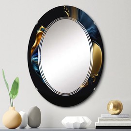 DesignQ Abstract Liquid Ink wall mirror, Oval Modern mirror, Round Blue bathroom mirror, Abstract Liquid ink vanity mirror Blue & Gold Geode Marbling printed mirror decor, oval mirror 20x30