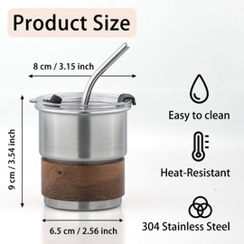 Uhuida Stainless Steel Kids Cup with Straw and Lid, 10 oz/300ml Leak-Proof Outdoor Water Cup, Small Metal Cup with Wooden Cup Sleeve, Suitable for Cold/Coffee