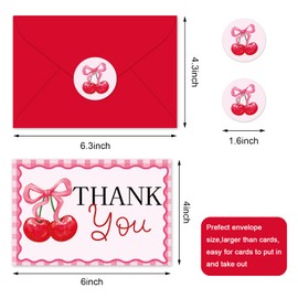 JarThenaAMCS 24 Pack Pink Bow Cherry Thank You Cards Red Pink Plaid Bow Cherry Greeting Cards With Envelopes Stickers Blank Note Cards for Birthday Baby Shower
