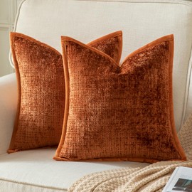 YAERTUN Pack of 2 Chenille Textured Decorative Cushion Covers Accent Solid Throw Pillow Covers Soft Cozy Pillow Case with Velvet Back for Couch Sofa Bed Living Room 18x18 Inch 45x45cm Burnt Brick