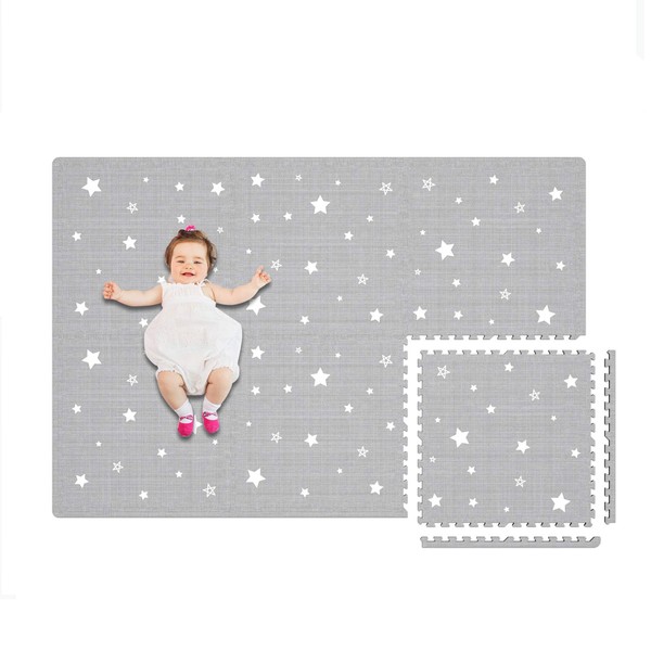 Extra Large Baby Play Mat - 4FT x 6FT Non-Toxic Foam Puzzle Floor Mat for Kids & Toddlers (Grey/White Star)