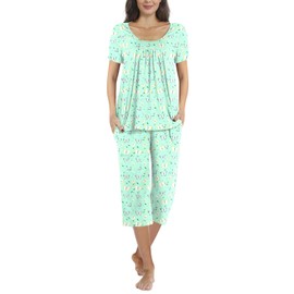POPYOUNG Womens Summer Casual 2 Piece Pajama Sets with Comfy Capri Pants and Pockets Lounge Sleepwear XL, Colorful Green Butterfly
