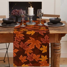 Burlap Linen Table Runner - 120 Inch Long, Maple Autumn Leaf Kitchen Dining Table Runner Dresser Scarves, Thanksgiving Fall Farmhouse Home Decor for Coffee Table Wedding Party Banquet