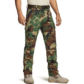 CQR Men's Flex Ripstop Work Pants, Water Resistant Tactical Pants, Outdoor Utility Operator EDC Cargo Pants, Dura Flex Print Woodland Olive, 36W x 32L