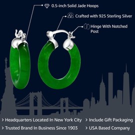 Gem Stone King Green Jade Hoop Earrings | 925 Sterling Silver | 1/2 Inch Diameter | Classic Hoop Earrings With Hinge and Notched Post