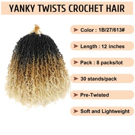 IIFLYDSFA Pre Looped Yanky Twist Crochet Hair 12 Inch 8 Packs 3 Tones Ombre Blonde 1B/27/613# Fluffy Spring Mini Twist Passion Twist Bohemian Synthetic Crochet Braiding Hair