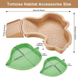 yokugo Reptile Bathing Pool Turtle Water Bowl with Ramp, Tortoise Water Pool Basking Platform, 2PCS Leaf Reptile Feeding Dish for Tortoise Lizard Gecko Frog Amphibians, Brownish