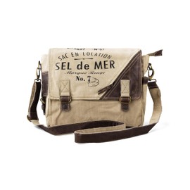 3B-Vintage Print Sel De Mer Upcycled Military Leather Canvas Shoulder Bag Laptop Messenger Bags Medium Crossbody 2 Straps (Fade Biege)