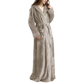 Flygo Womens Fuzzy Plush Long Hooded Robe Full Length Flannel Fleece Bathrobe Warm Housecoat OliveGrey-XL
