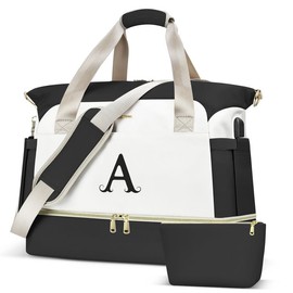 Gifts for Girls - Teen Girl Stuff Initial Duffle Bag, Overnight Bag for Women Weekender Bags, Monogram Travel Gym Bags with Letter Makeup Pouch for Daughter, Sister, Friend Girlfriend Black - A