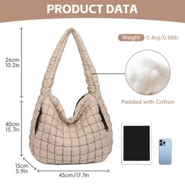 Bagtopia Puffer Tote Bag, Large Quilted Puffer Tote Bag, Lightweight Puffy Quilted Hobo Bag, Soft Padded Shoulder Bag, Puff Purse for Work,Gym,Travel, Khaki