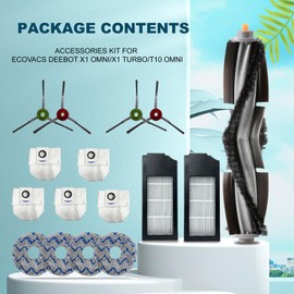 16Pack Replacement Parts Compatible with ECOVACS DEEBOTX1 Omni / X1TURBO / X1 Plus /T10 Omni Robotic Vacuum Cleaner Accessories, 1 Roller Brush 2 HEPA Filters 5 Dust Bags 4 Side Brushes 4 Mop Pads