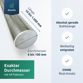 DICONFA Round Steel S355 J2+C - Diameter 20 mm x 60 mm - Diameter 6 mm to 100 mm - Length 10 mm to 1500 mm - Drawn Blank Steel H9 | ST 52 K - 1.0579 | Round-Iron Shaft Structural Steel Rod Axle Bolt