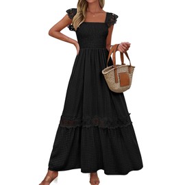 PRETTYGARDEN Women's Smocked Summer Maxi Dresses 2025 Ruffle Cap Sleeve Square Neck Lace Detail Flowy Sundress with Pockets (Black, Medium)