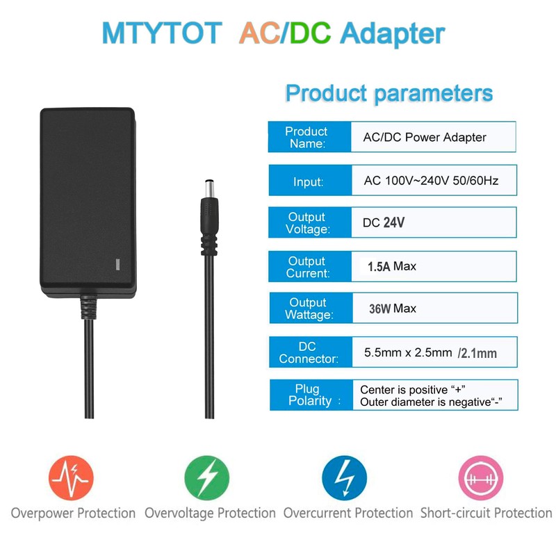 24V 1.5A Power Supply 36W Wall AC/DC Adapter 100V-240V AC