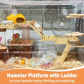 Fhiny Hamster Wooden Platform for Cage, Hanging Gerbil Climbing Platform with Ladder & Fence Hamster Activity Playground Habitat Decor Cage Accessories for Dwarf Hamster Gerbil Mice Rat Mouse