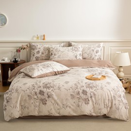 BISELINA 100% Cotton Reversible Brushed Floral 3-Piece Duvet Cover Set - Soft & Cozy, Large Flower Print, Seasons, 1 Comforter Cover and 2 Pillow Shams, Coffee and White, King