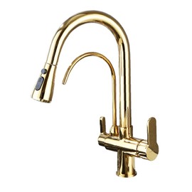 HUAHUALALA Kitchen Sink Faucet with Pull Down Sprayer 2 Handle 3 in 1 Water Filter Purifier Faucets, Brass Drinking Water Faucet Reverse Osmosis Gold