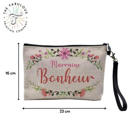 Canvas Bag - Godmother Lucky Flower Border Calligraphy Birthday - Linen Look Cosmetic Bag - Toiletry Bag - Purse, bonheur, Cosmetic bag
