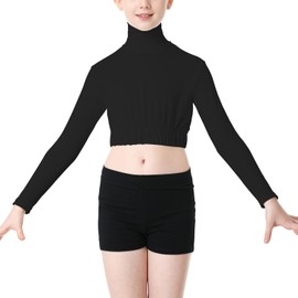 Girl's Turtleneck Long Sleeve Crop Top Sportswear Zipper Back Cheer Leading Dance Black