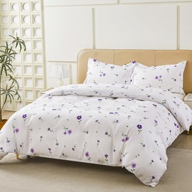 Viviland Floral Duvet Cover Queen Size, Purple Flower Zipper Closure Duvet Cover Set, Soft Microfiber Flower Printed Bedding Set with 4 Ties