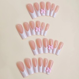 MERVF Square Press on Nails Long White French Tip Fake Nails Press ons Cute Glue on Nails with 3D Bow Charm Design Squoval Pearls Acrylic Nails Glossy 24pcs False Nails