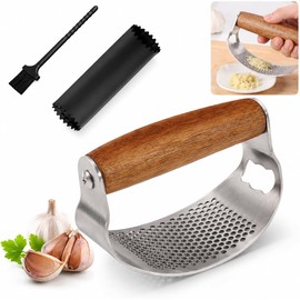Exprimidor de Ajos con Mango de Madera, Prensa de Ajo Manual de Acero Inoxidable 430 con Pelador de Silicona, Cepillo de Limpieza y Abrebotellas, Machacador y Triturador de Ajo y Jengibre